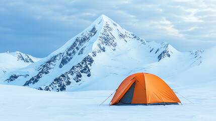 Winter camping at the base of a towering snowcovered mountain, extreme weather with winds whipping through the campsite