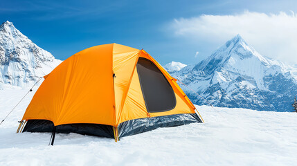 Windproof tents pitched on a snowy cliffside, high winds howling through the mountains, winter camping in rugged conditions