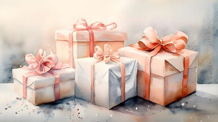 Obraz premium A soft watercolor design showing Christmas presents wrapped in plain paper, tied with understated ribbons, with light shadows adding depth and a gentle, textured look. 