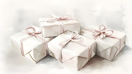 Obraz premium A soft watercolor design showing Christmas presents wrapped in plain paper, tied with understated ribbons, with light shadows adding depth and a gentle, textured look. 
