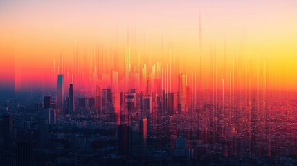 An abstract financial graph with upward and downward trends, overlaid on a cityscape at sunset, representing economic growth and decline.