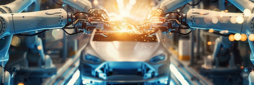 Poster robotic arms are executing precise welding tasks on a vehicle assembly line in a high-tech manufactu