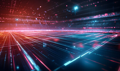 Obraz premium Dynamic Neon Football Action with Futuristic Geometric Patterns and Vibrant Light Trails for High-Energy Sports Advertising Backgrounds