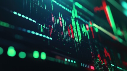 Obraz premium Close-up of a computer screen showing a dynamic financial graph with green and red candlesticks, symbolizing fluctuating market conditions.