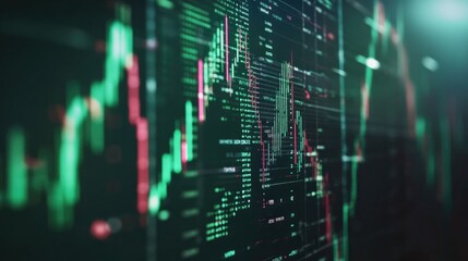 Fototapeta premium Close-up of a computer screen showing a dynamic financial graph with green and red candlesticks, symbolizing fluctuating market conditions.