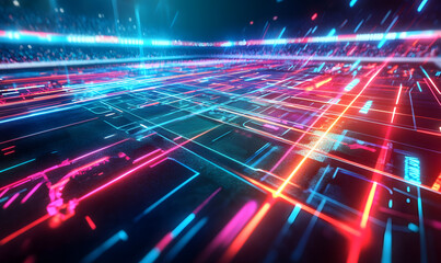 Dynamic Neon Football Action with Futuristic Geometric Patterns and Vibrant Light Trails for High-Energy Sports Advertising Backgrounds
