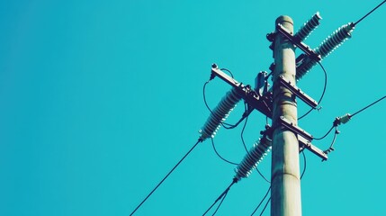 Close-up of a high-voltage power pole with insulators and cables, clear blue sky background