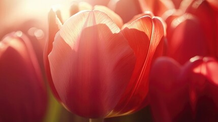 Close-up of a red tulip with soft light shining through its petals, showing texture and detail