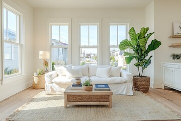Fototapeta premium Cozy living room with natural light and greenery.