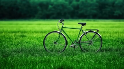 Obraz premium Green bicycle resting in a lush green field