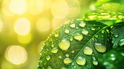Fototapeta premium Close-up of delicate water droplets glistening on a green leaf, with sunlight creating a sparkling effect