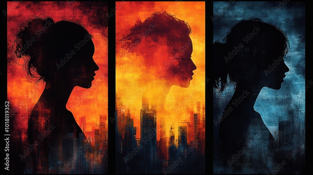 Wall mural Silhouettes of Women with Cityscapes