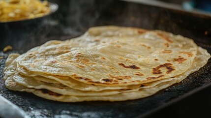 Close-up of freshly made roti on a hot griddle, with golden-brown, crispy edges and soft, pliable texture