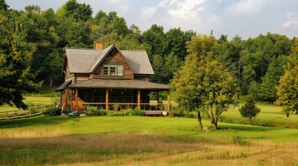 Obraz premium Idyllic Countryside Home with Green Landscape under Sunny Skies