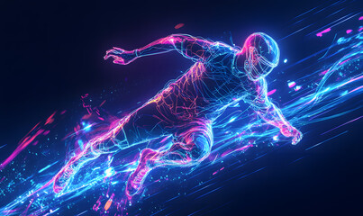 Dynamic Neon Football Action with Futuristic Geometric Patterns and Vibrant Light Trails for High-Energy Sports Advertising Backgrounds