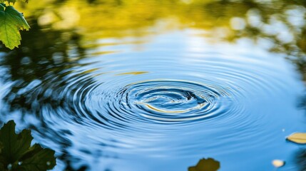 Close-up of small, rippling waves on a pond with reflections of surrounding foliage and blue sky