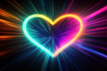 Vibrant abstract neon light heart on black