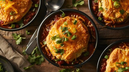 Cornbread Chili Bowls Topped with Melted Cheese and Green Onion. Cheddar Biscuit Chili Pot Pies