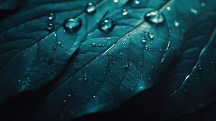 Fototapeta premium Close-up of water droplets on a dark green leaf, with the droplets forming a beautiful contrast against the leaf's texture