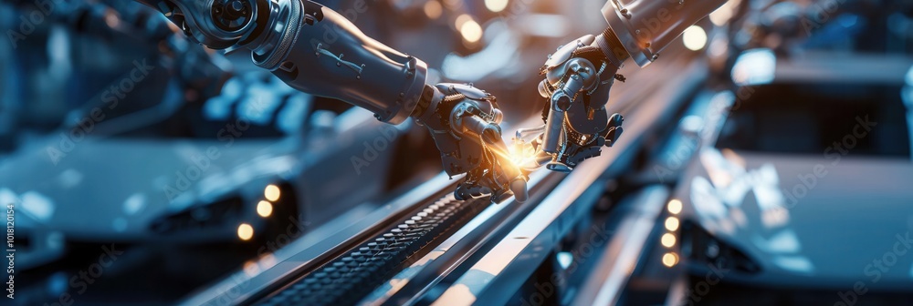 Fototapete advanced robotic arms meticulously perform assembly tasks on vehicles in a cutting-edge automotive p