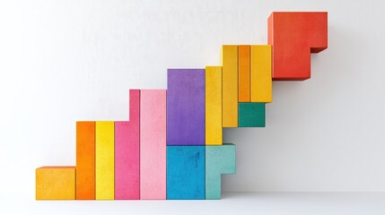 Fototapeta premium Creative bar graph made from colorful blocks, set against a white minimalist background