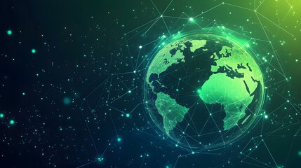 Naklejka premium Map of the planet. Global social network. Future. Vector.Green futuristic background with planet Earth. Internet and technology. Floating Green plexus geometric background.