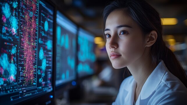 Diverse team of researchers examining CRISPR data at a leading laboratory in 2023