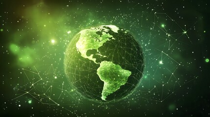 Fototapeta premium Map of the planet. Global social network. Future. Vector.Green futuristic background with planet Earth. Internet and technology. Floating Green plexus geometric background.