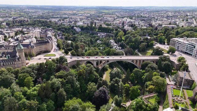 Drone view of Luxembourg City panorama, Luxembourg