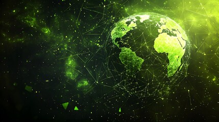 Naklejka premium Map of the planet. Global social network. Future. Vector.Green futuristic background with planet Earth. Internet and technology. Floating Green plexus geometric background.