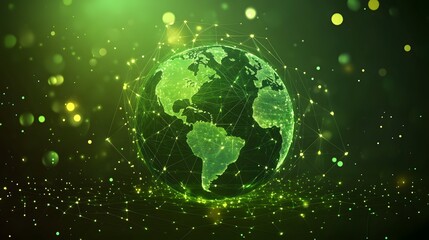Fototapeta premium Map of the planet. Global social network. Future. Vector.Green futuristic background with planet Earth. Internet and technology. Floating Green plexus geometric background.