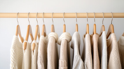 A minimalist wardrobe with neutral-toned clothes on matching wooden hangers, perfectly organized for a clean, serene look