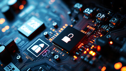 Fototapeta premium A close-up view of a glowing circuit board with integrated digital icons, highlighting the technological infrastructure behind digital enterprises