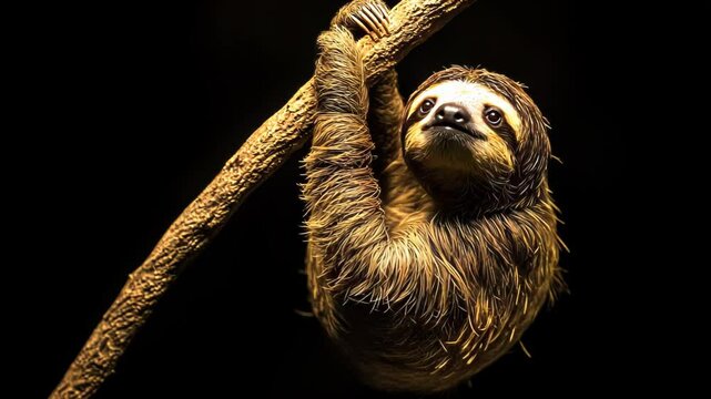 A sloth clings to a branch, illuminated against a dark background.