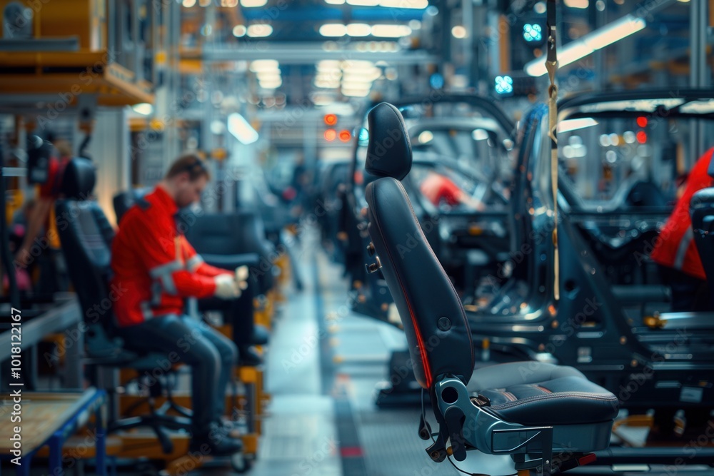 Poster Technicians are actively installing and inspecting car interiors in a bustling factory environment filled with various workstations. Generative AI