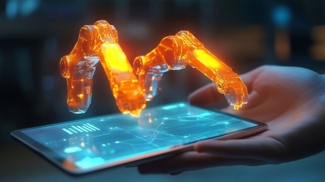 Businessman holding tablet with holographic robotic arms performing operations