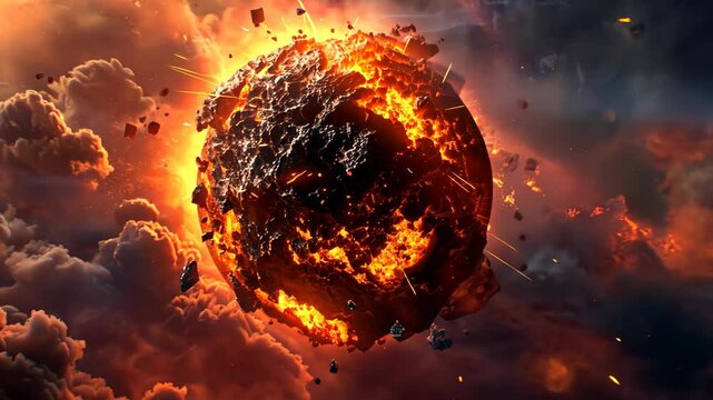 A fiery planet explodes in a cloud of smoke and debris