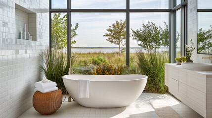 Fototapeta premium Bright minimalist bathroom with large windows, white subway tiles, and a freestanding bathtub as the centerpiece