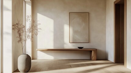 Fototapeta premium Detailed shot of a minimalist entryway with a sleek console table, simple art, and clean lines