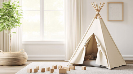 Bright minimalist children's playroom with a single teepee tent, neutral tones, and wooden building blocks scattered on the floor