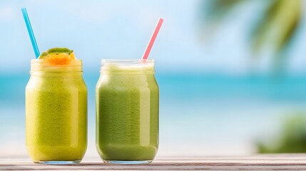 Fototapeta premium Bright and refreshing smoothies in jars with colorful straws, set against a tropical beach backdrop.
