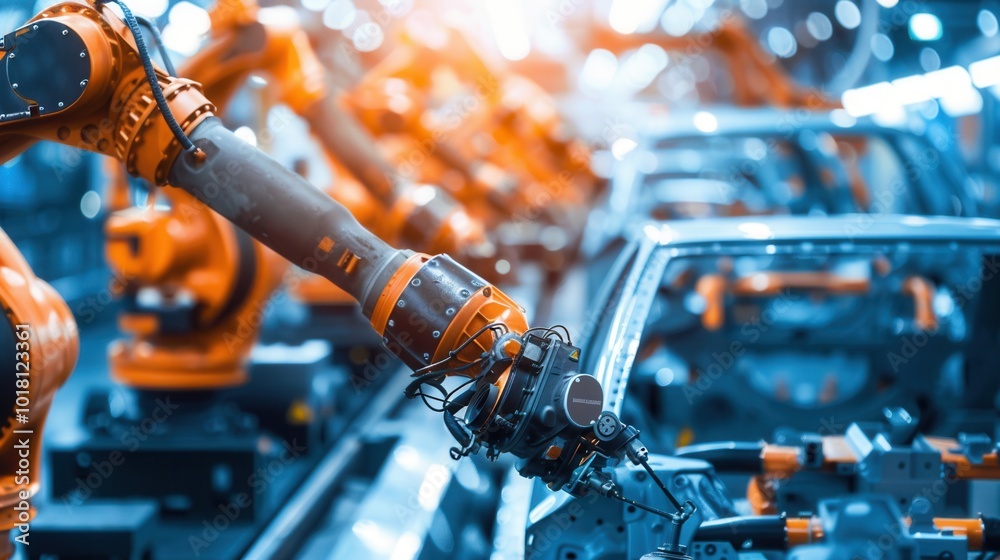 Leinwandbilder robotic arms efficiently perform specialized tasks in a car assembly line, showcasing advanced autom