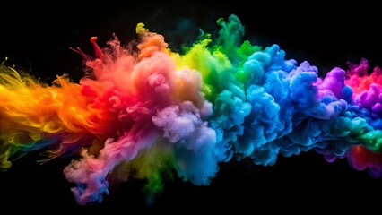 Breathtaking long exposure showcases a vibrant smoke powder explosion in iridescent rainbow colors on a deep black background, delivering stunning