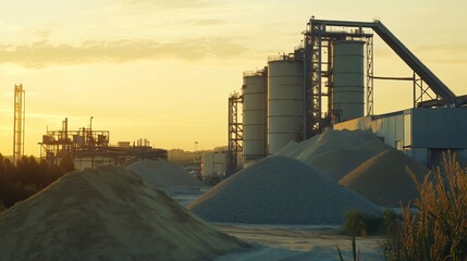 Cement factory standing at sunset with gravel piles in foreground