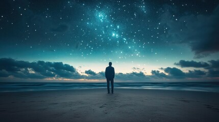Fototapeta premium Silhouette of a man on a beach under the starry sky