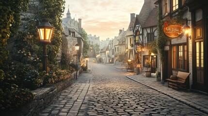 Obraz premium Detailed view of a beautifully paved road through a quaint, historic town with charming buildings and street lamps
