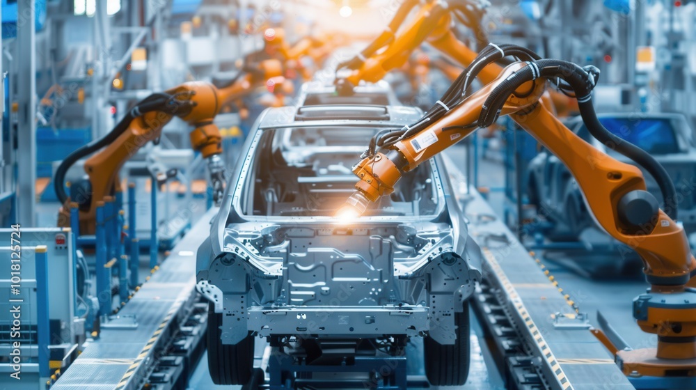 Poster Robotic arms skillfully perform precise tasks on a car assembly line, enhancing production efficiency and accuracy. Generative AI
