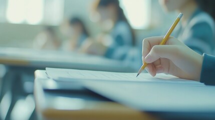 soft focus.high school or university student holding pencil writing on paper answer sheet.sitting on lecture chair taking final exam attending in examination room or classroom.student in uniform.