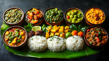 A vibrant Indian meal served on a banana leaf with various dishes.
