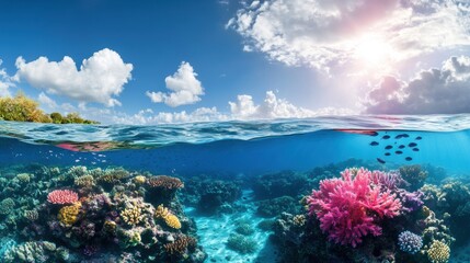 Vibrant Coral Reef Under Clear Blue Sky